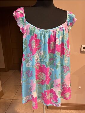 Women's Floral Flutter-Sleeve Blouse in Aqua & Pink